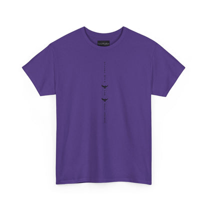 On the front of this custom unisex short sleeve shirt, starting from the neckline horizontally down are the words Filled with the Holy Spirit, there are two doves in-between the words.