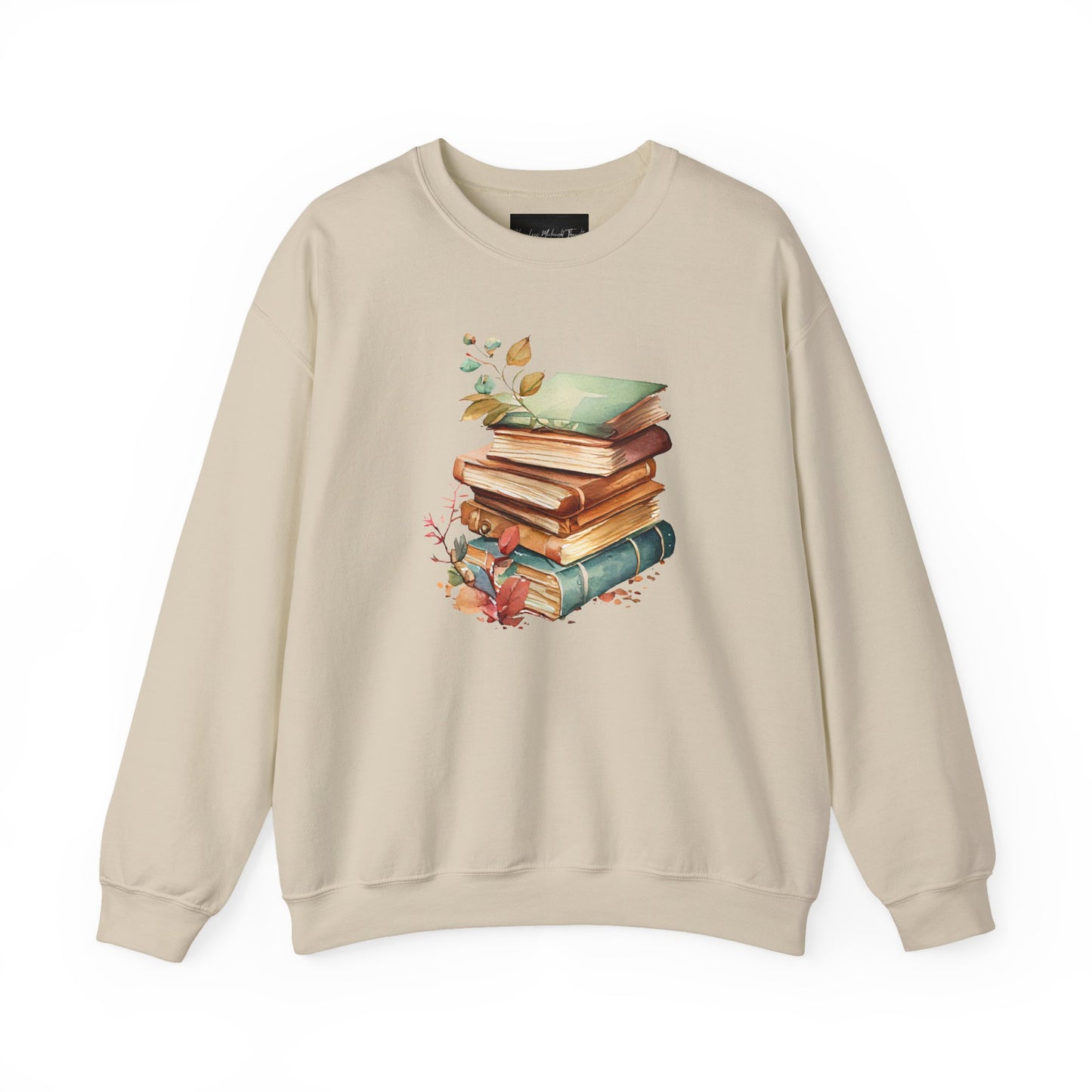On the front of this custom book lovers sweatshirt is a stack of vintage books with a bunch of wildflowers all around the books.
