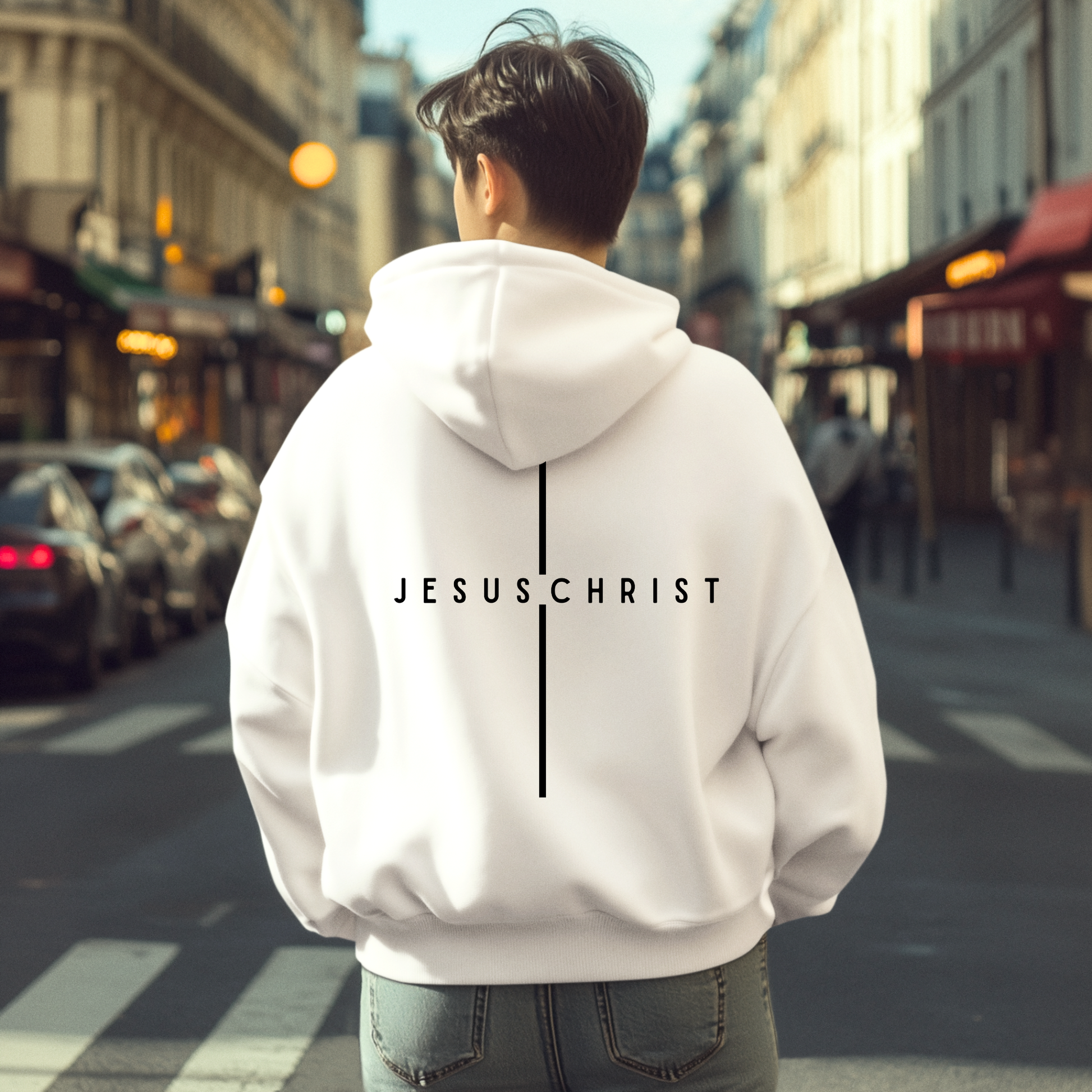 On the back of this custom Christian hoodie is the name Jesus Christ with a line above and below the name making it look like a cross.
