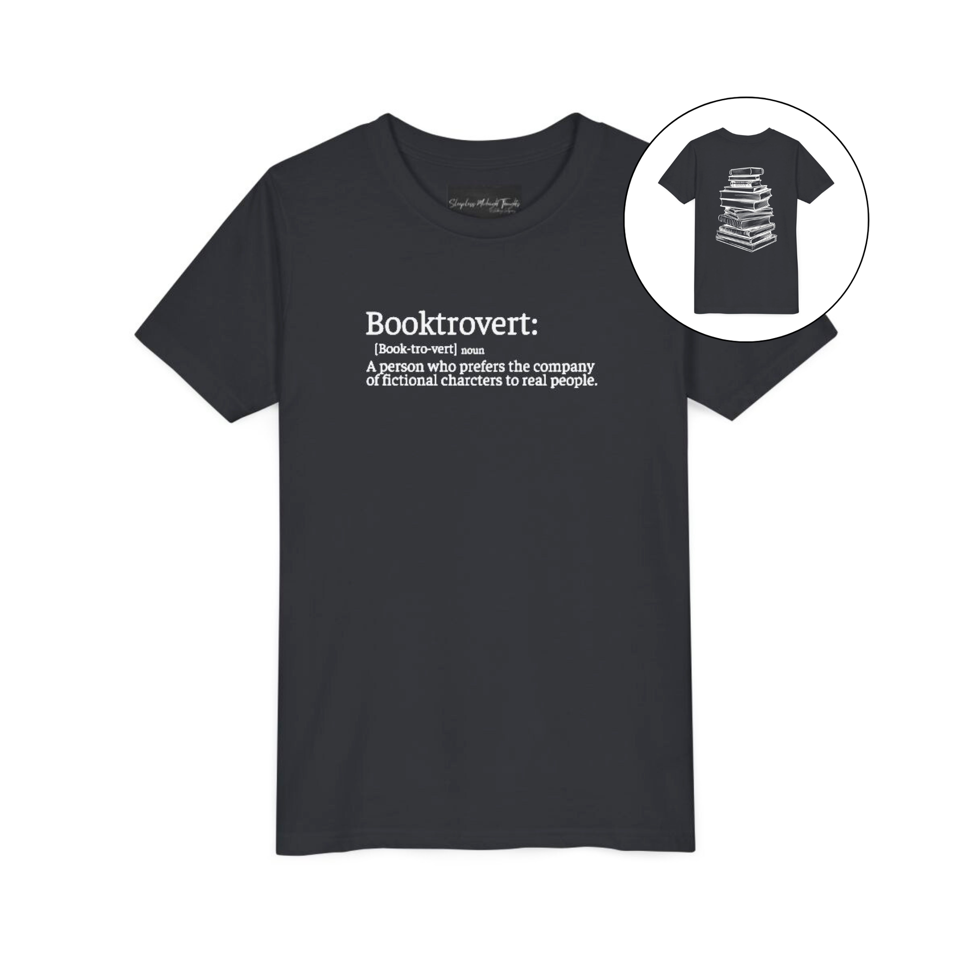 On the front of this custom youth t-shirt it says the word Booktrovert in large letter with the meaning of the words underneath it, on the back of the shirt is an image of a large stack of books.
