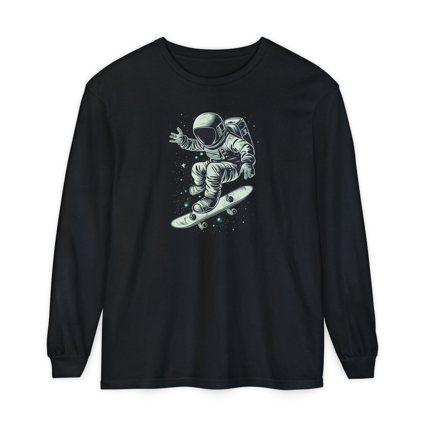 On the front of this custom unisex long sleeve shirt is an image of an astronaut riding a skateboard, there are a bunch of stars around the astronaut.