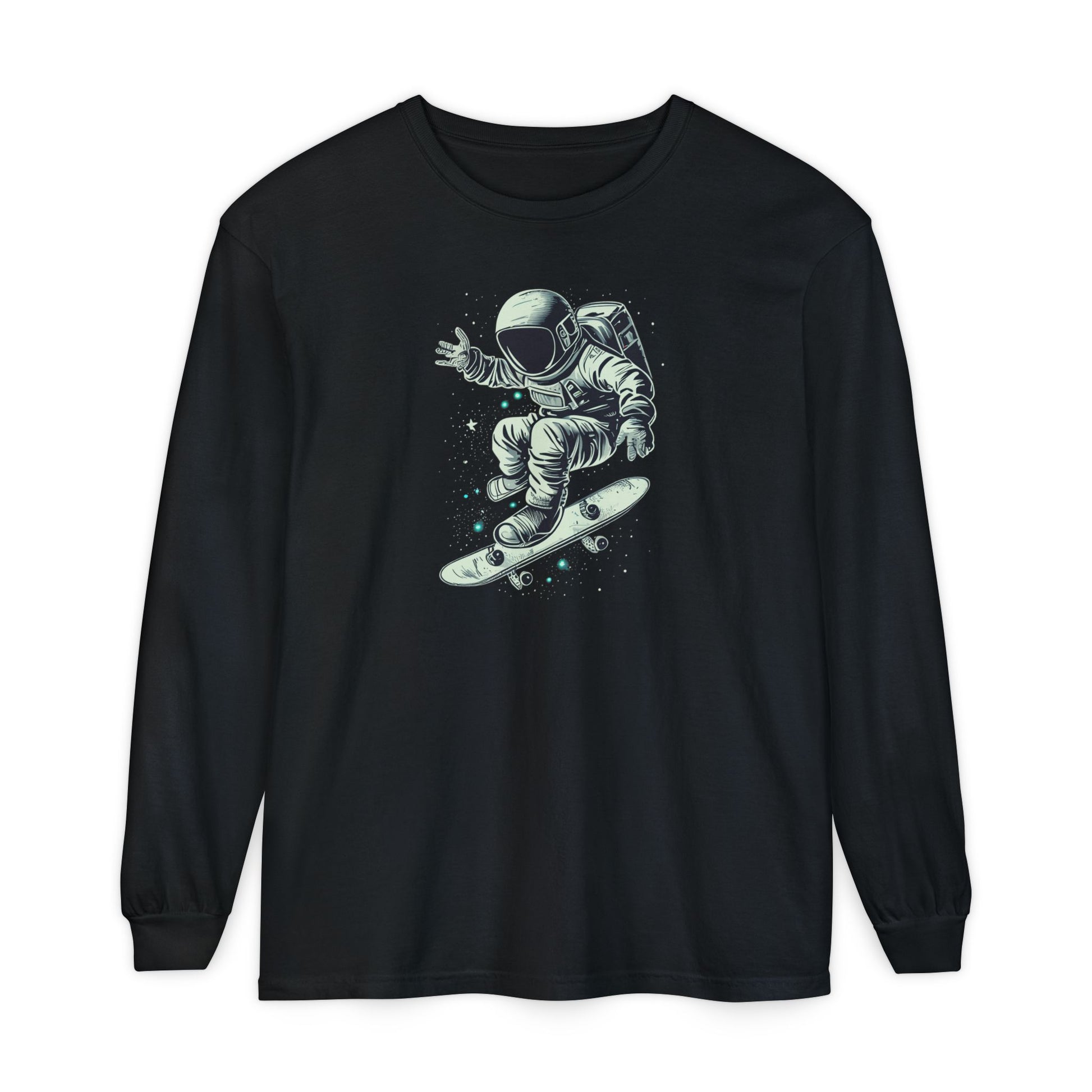 On the front of this custom unisex long sleeve shirt is an image of an astronaut riding a skateboard, there are a bunch of stars around the astronaut.
