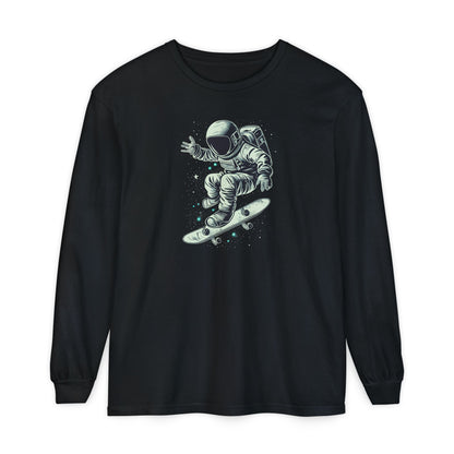 On the front of this custom unisex long sleeve shirt is an image of an astronaut riding a skateboard, there are a bunch of stars around the astronaut.