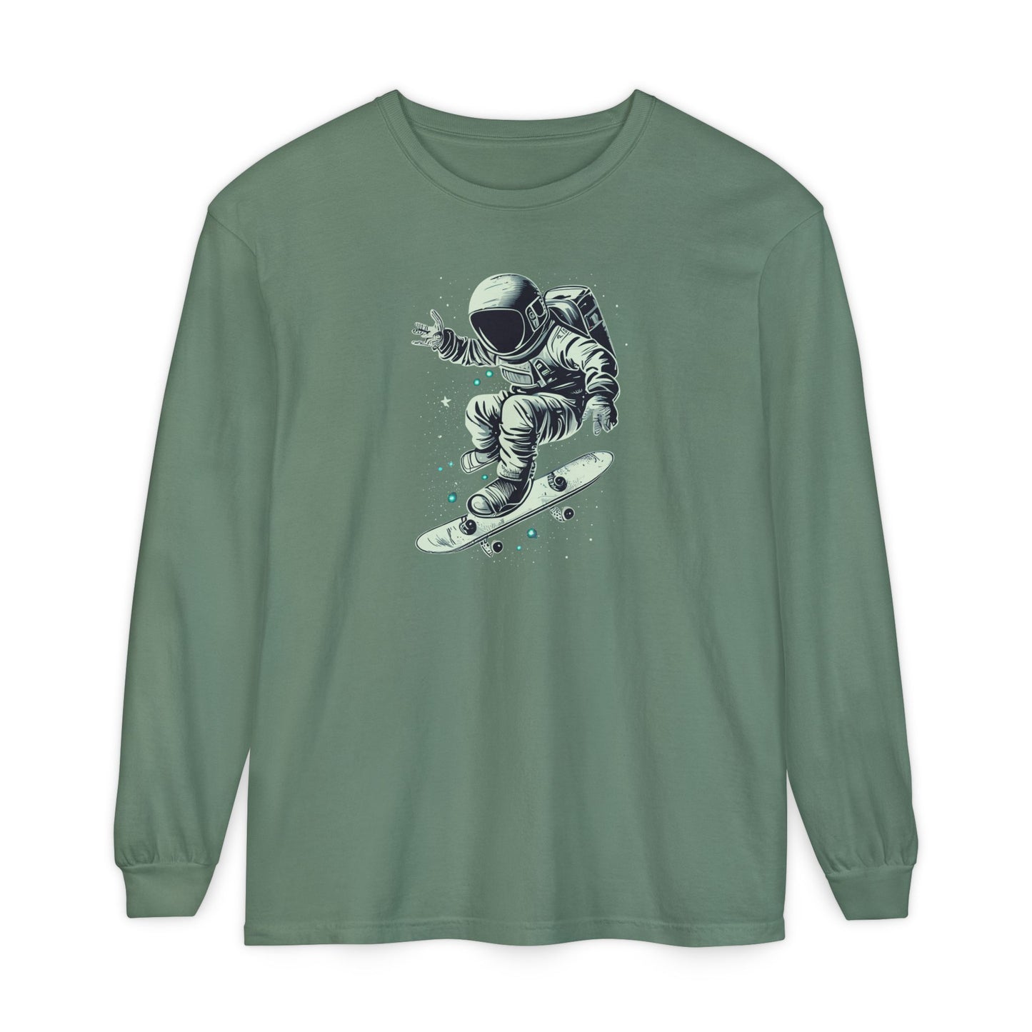 On the front of this custom unisex long sleeve shirt is an image of an astronaut riding a skateboard, there are a bunch of stars around the astronaut.