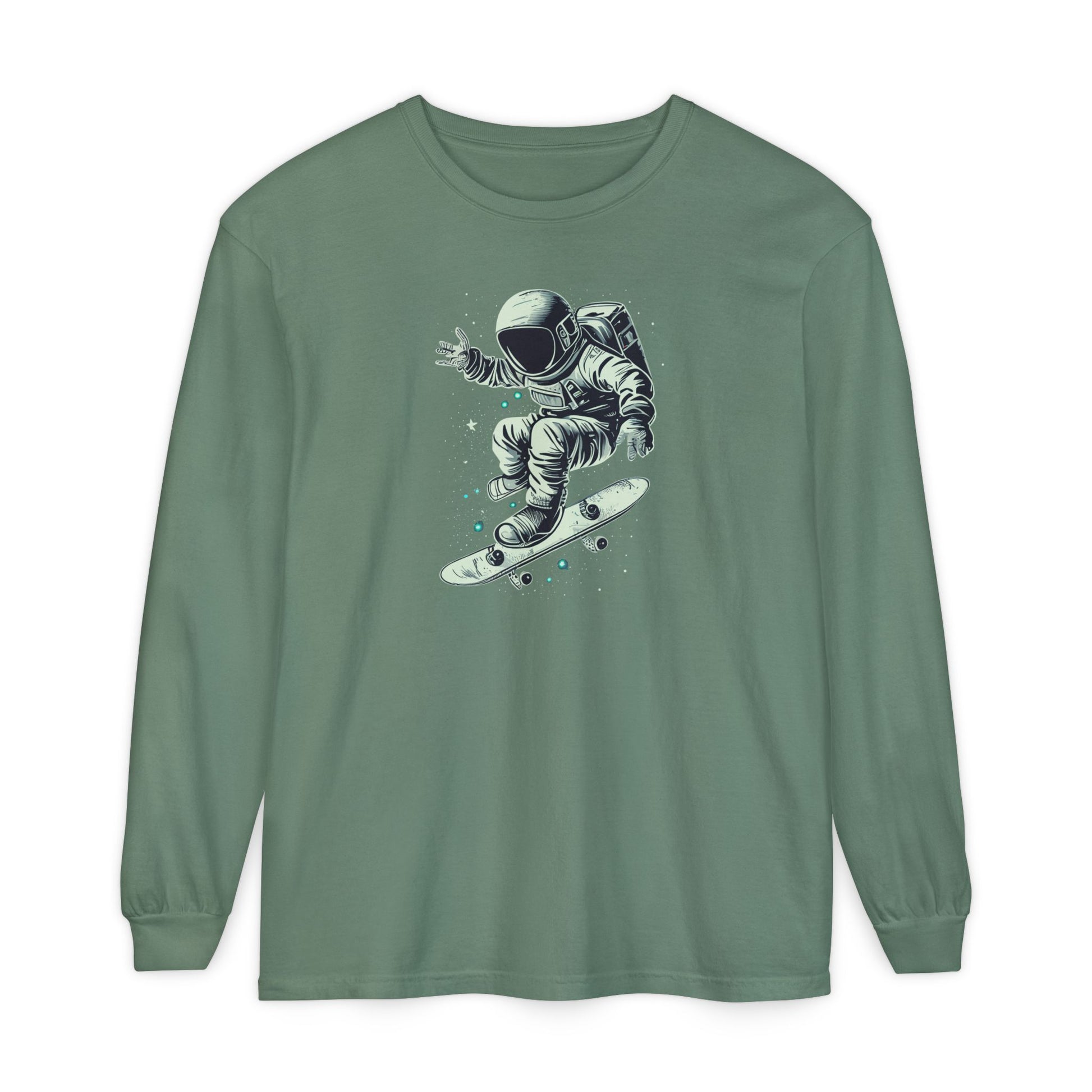 On the front of this custom unisex long sleeve shirt is an image of an astronaut riding a skateboard, there are a bunch of stars around the astronaut.
