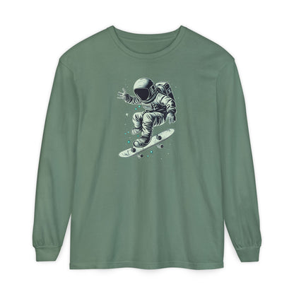 On the front of this custom unisex long sleeve shirt is an image of an astronaut riding a skateboard, there are a bunch of stars around the astronaut.