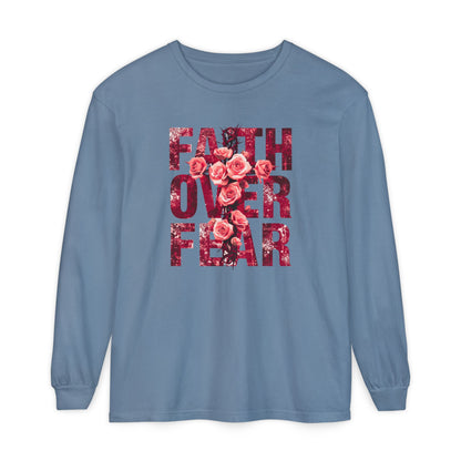 On the front of this Christian vintage long sleeve shirt are the words Faith Over Fear in large block letters with a cross made of thorns in the middle that is covered in roses.