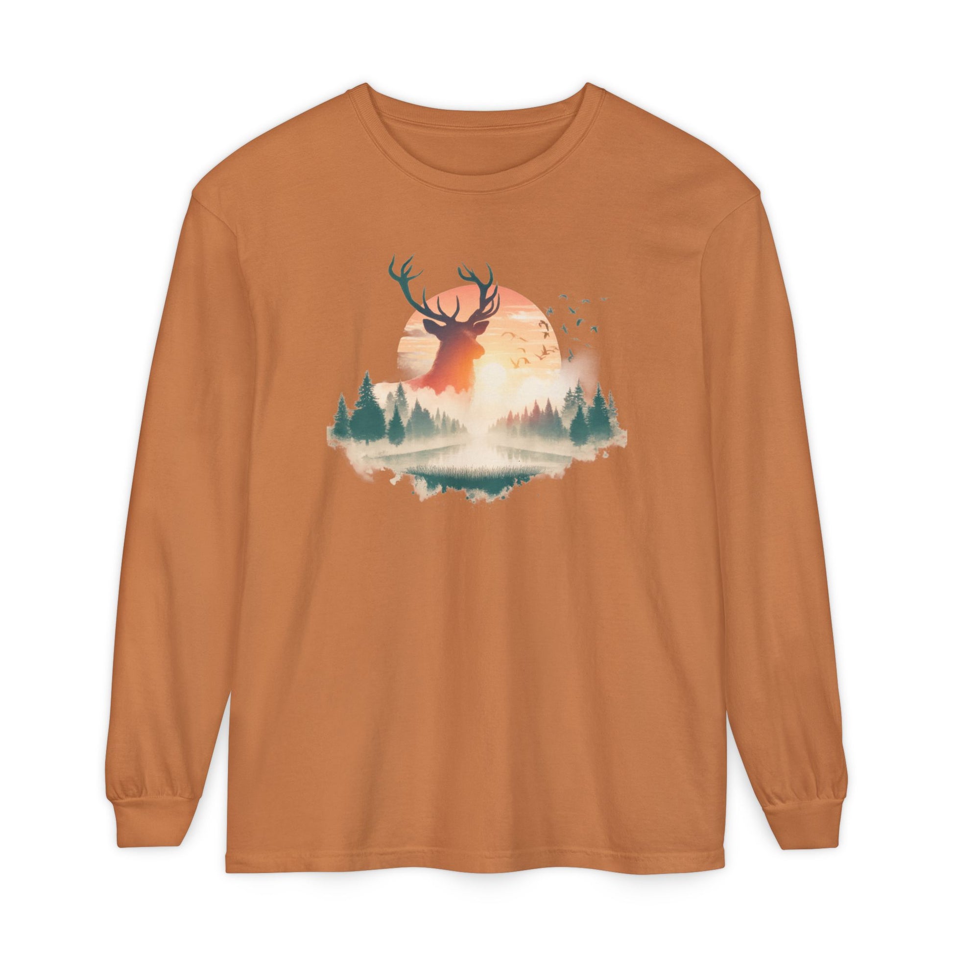 On the front of this custom unisex long sleeve shirt is beautiful landscape at dawn, there is a river in the middle with pine trees on either side, the sun is setting in the background with a large elk in the distance standing in front of the sun.