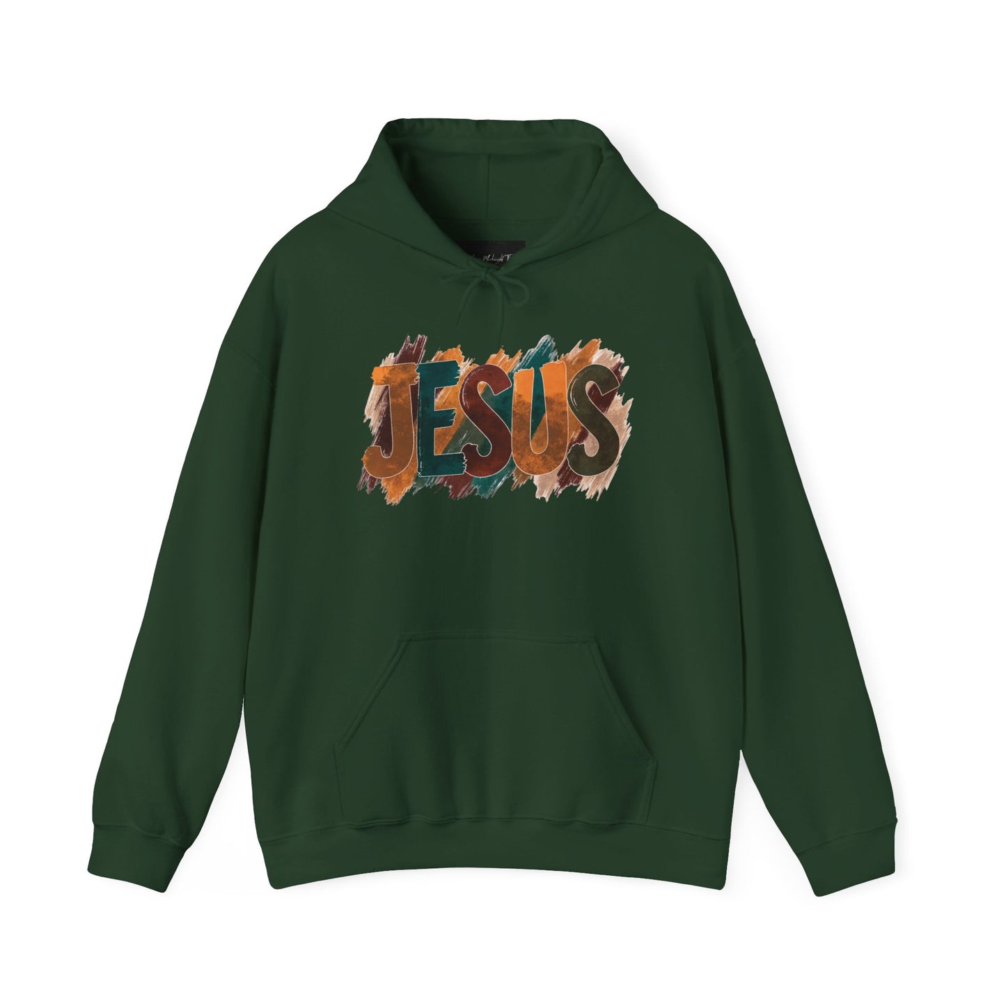 On the front of this Christian hoodie is the name Jesus is large bubble letters with each letter being a different Autumn color, this sweater is perfect for fall time.