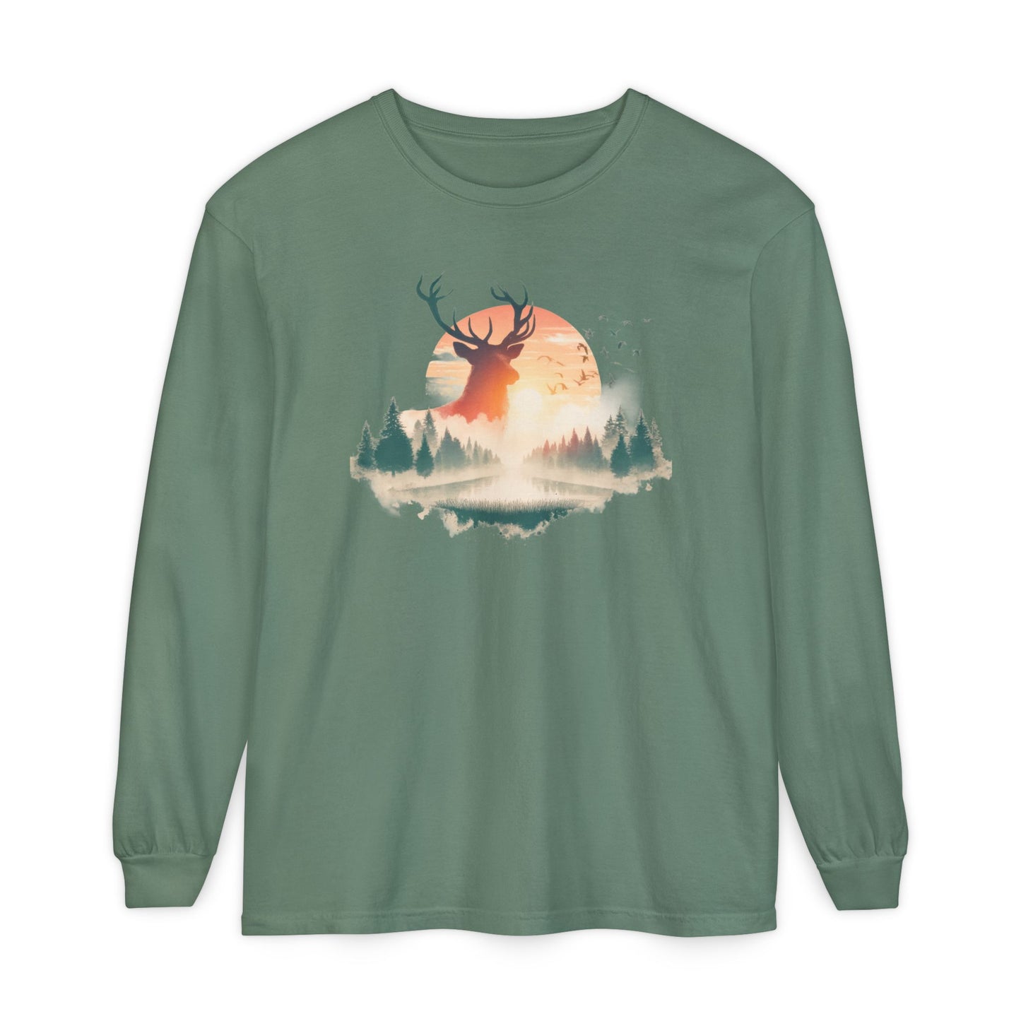 On the front of this custom unisex long sleeve shirt is beautiful landscape at dawn, there is a river in the middle with pine trees on either side, the sun is setting in the background with a large elk in the distance standing in front of the sun.