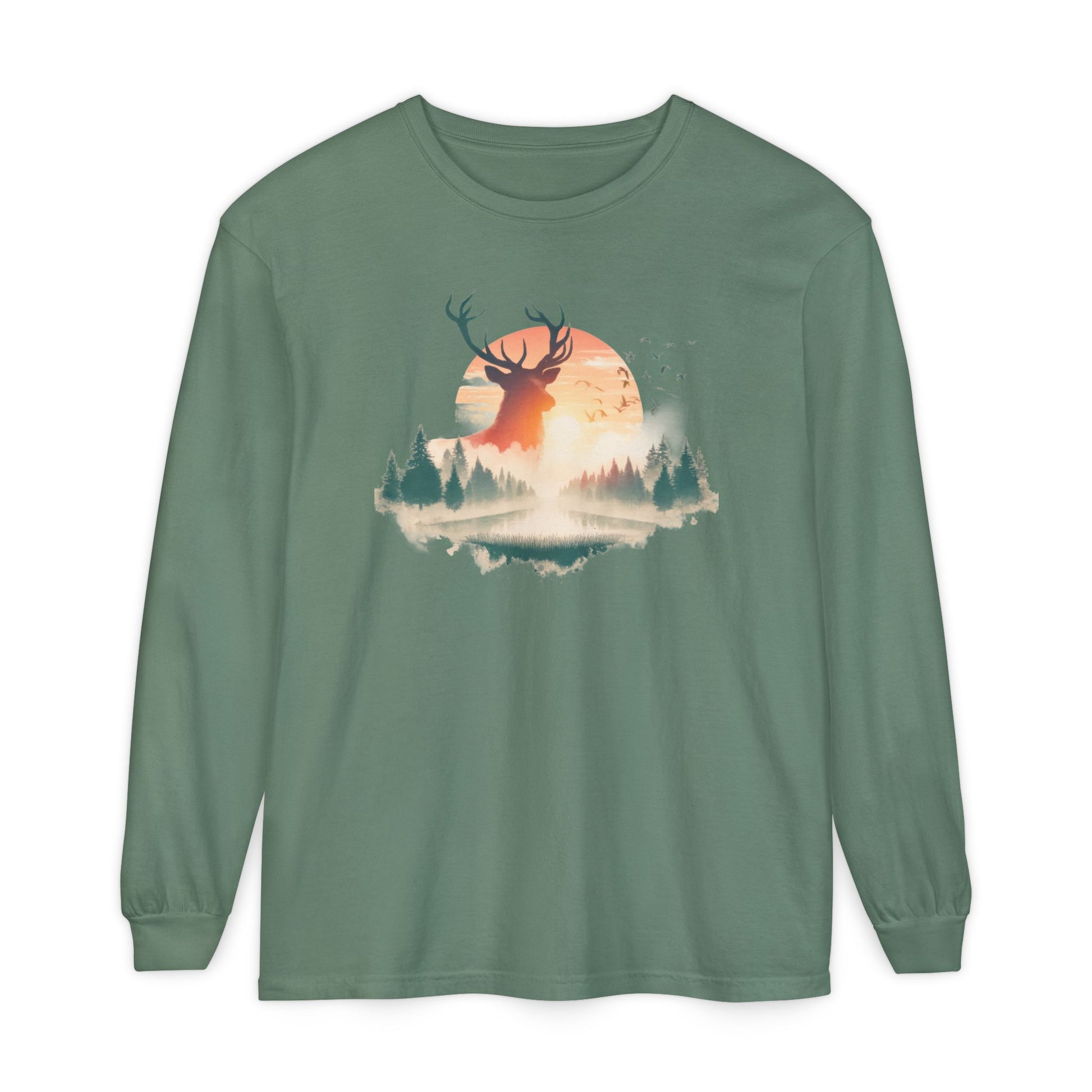 On the front of this custom unisex long sleeve shirt is beautiful landscape at dawn, there is a river in the middle with pine trees on either side, the sun is setting in the background with a large elk in the distance standing in front of the sun.