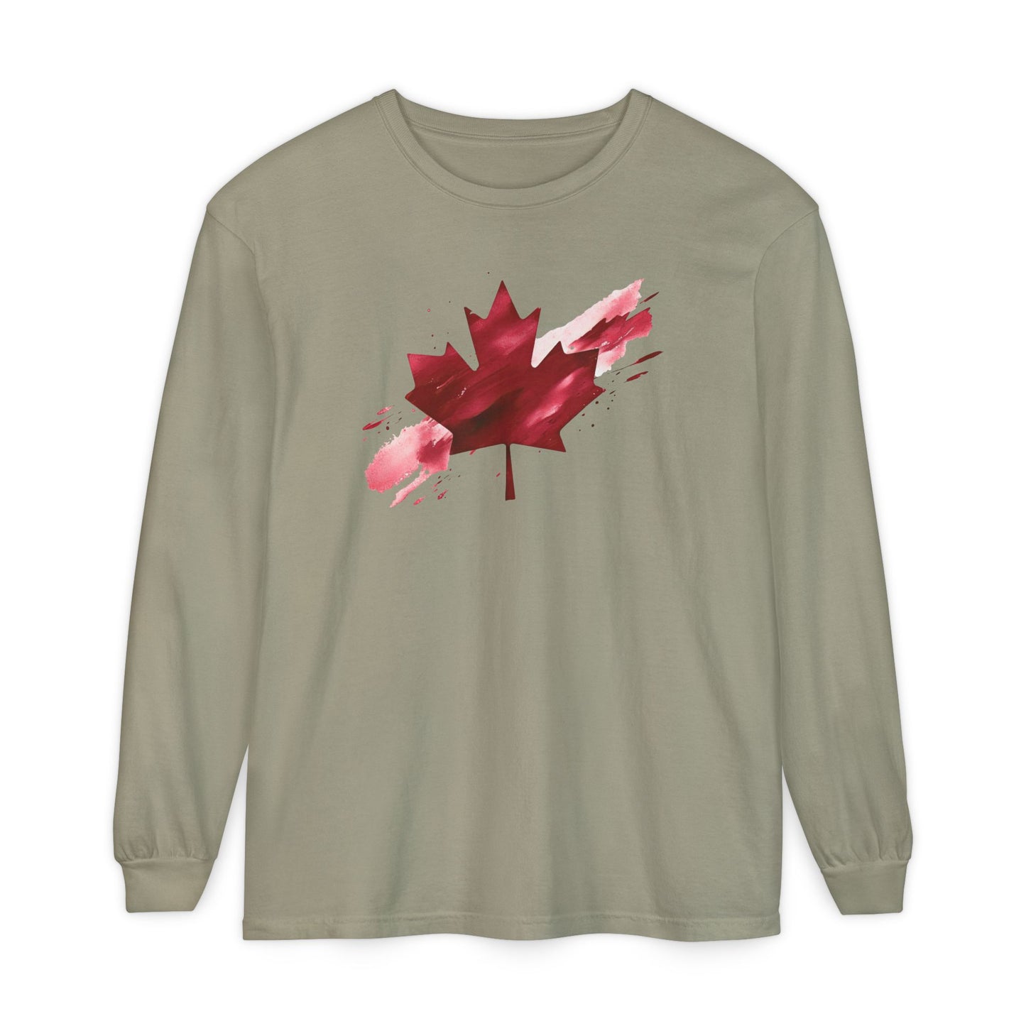 On the front of this unisex long sleeve shirt is an image of a Canadian maple leaf that is bright red, it looks like it has been spray painted onto the front of the shirt.