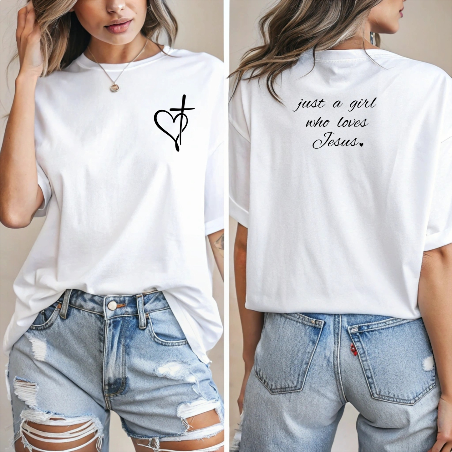 On the front of this custom women's Christian t-shirt is a heart with a cross through it, on the back top of the shirt right between the shoulder blades are the words just a girl who loves Jesus in a cursive writing.