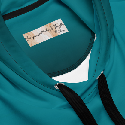 This custom handmade unisex hooded sweatshirt has an ombre pattern with the top of the hoodie being a bright turquoise blue then it fading to a black at the bottom of the hoodie, the strings on the sweater are black to match the bottom.