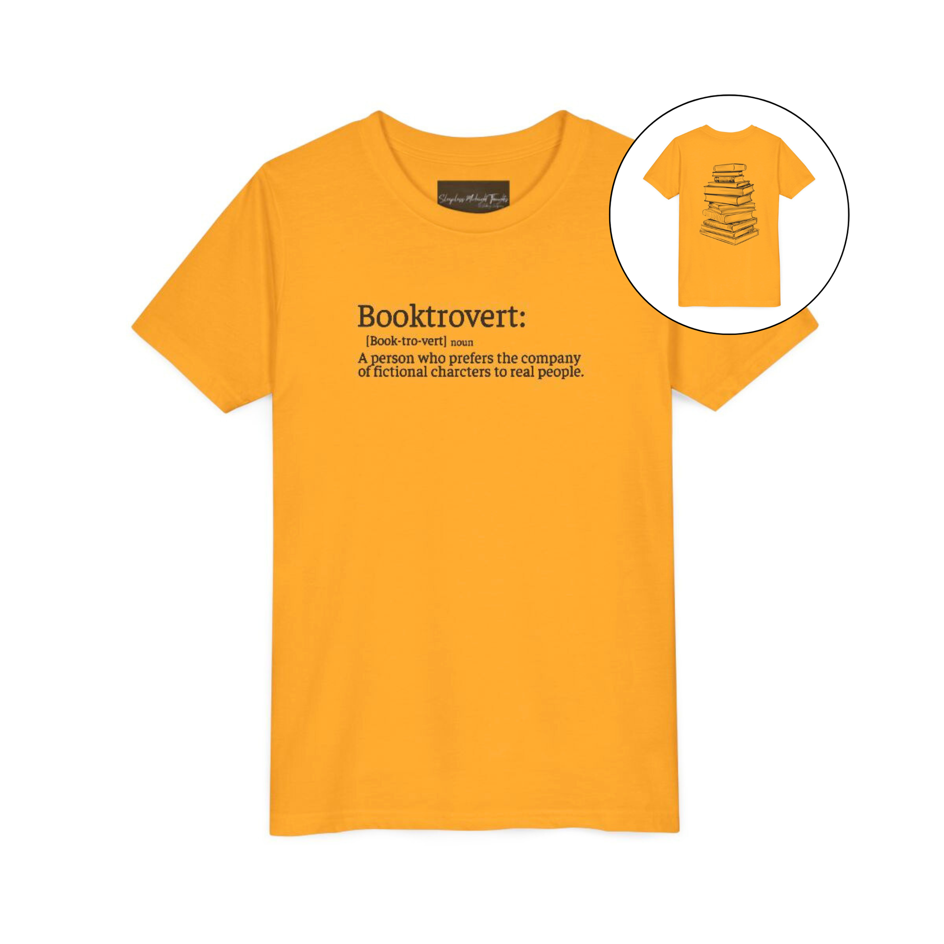 On the front of this custom youth t-shirt it says the word Booktrovert in large letter with the meaning of the words underneath it, on the back of the shirt is an image of a large stack of books.