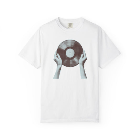 On the front of this custom vintage short sleeve shirt is a large vinyl record being held by two hands on either side, the image is in black and white giving it a more vintage look.