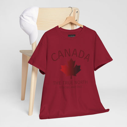 This custom Canadian made unisex custom t-shirt features the words Canada and The true North Strong And Free along with a maple leaf design in red, giving off a patriotic and Canadian vibe.