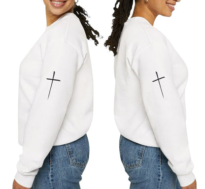 On this custom Christian pullover sweatshirt there are two Jesus crosses, one on either shoulder of the sweater.
