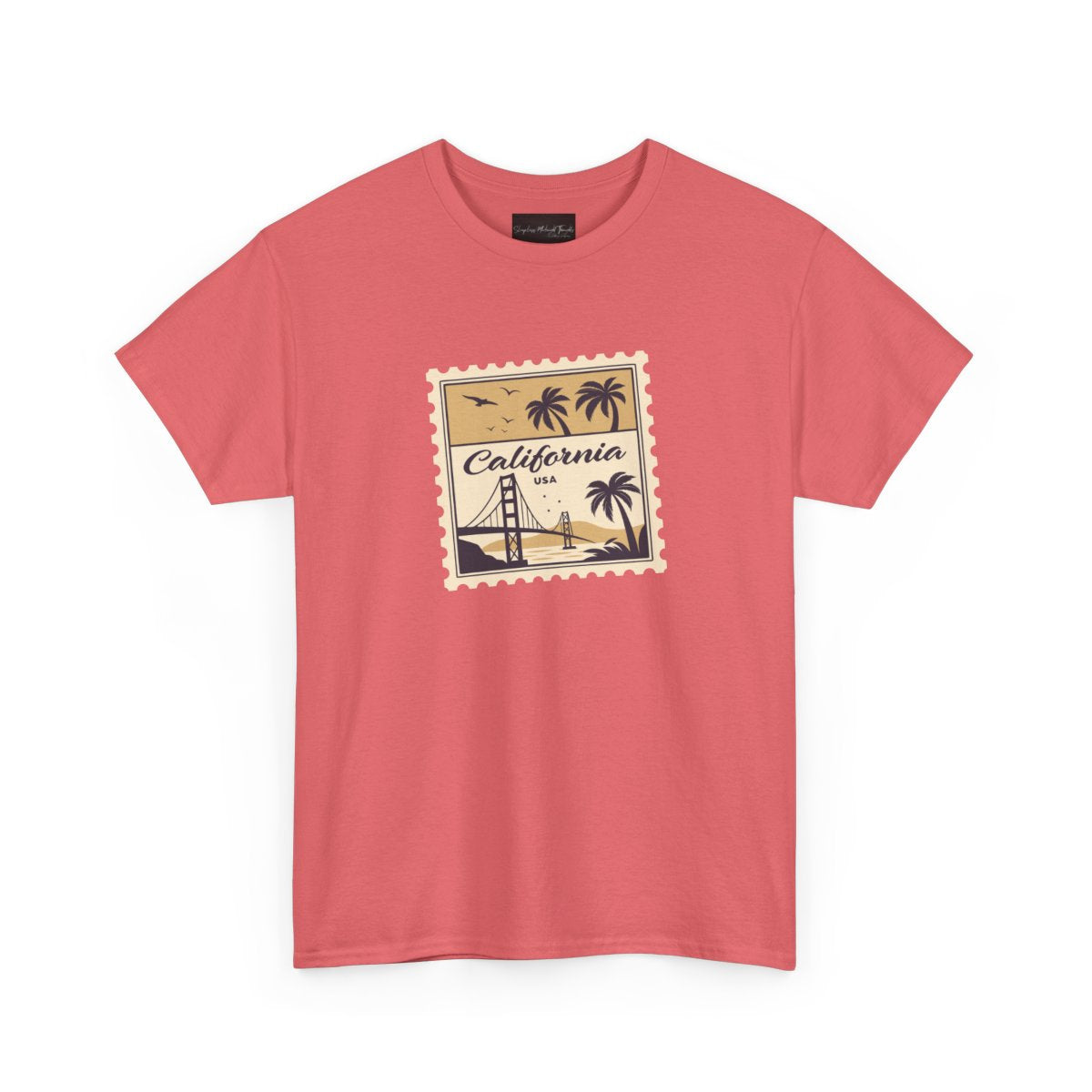 On the front of this custom vintage short sleeve shirt is a California postage stamp with images of the golden gate bridge, palm trees and the ocean on it, the entire stamp is different shades of beige.