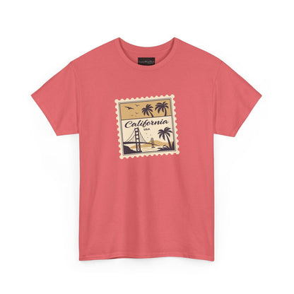 On the front of this custom vintage short sleeve shirt is a California postage stamp with images of the golden gate bridge, palm trees and the ocean on it, the entire stamp is different shades of beige.