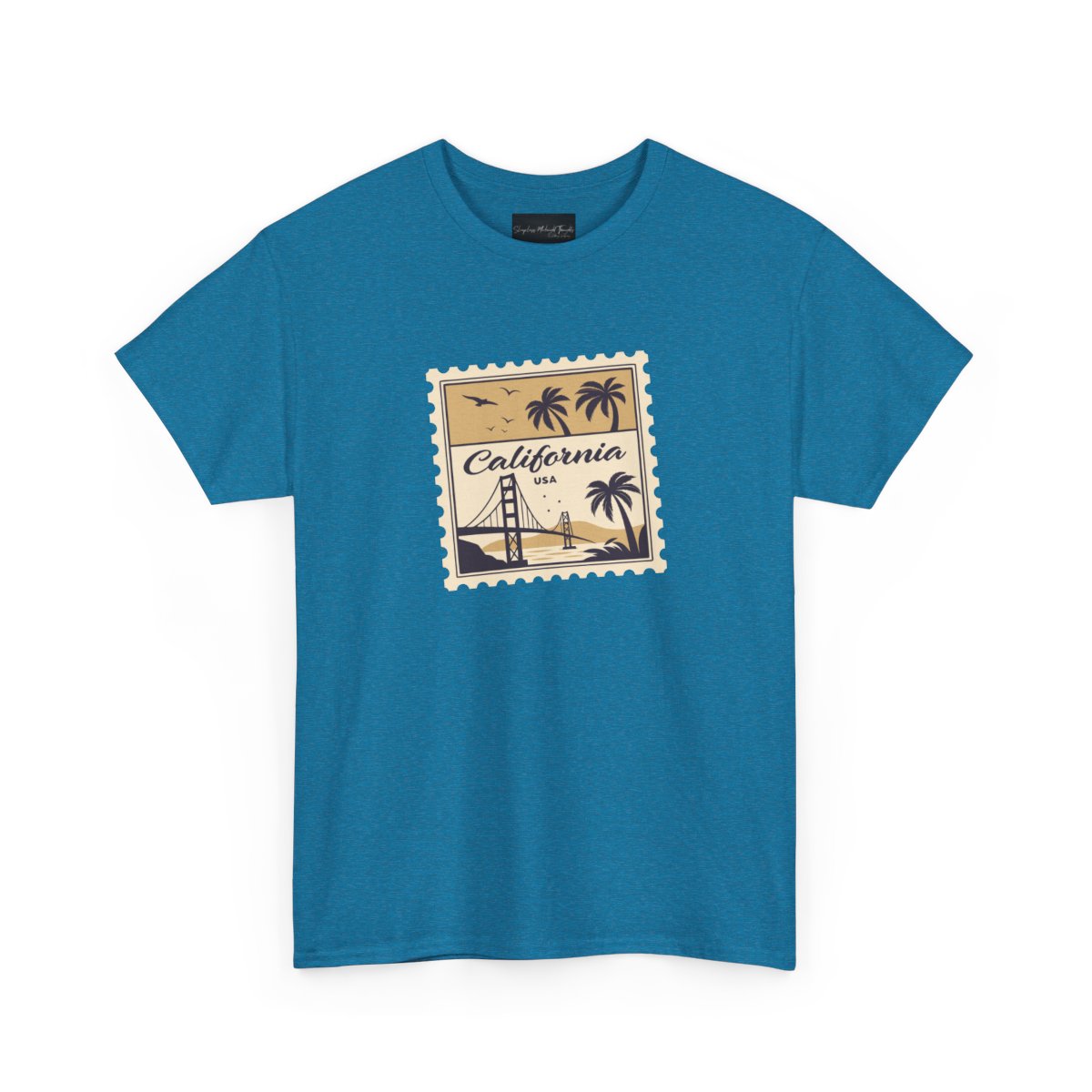 On the front of this custom vintage short sleeve shirt is a California postage stamp with images of the golden gate bridge, palm trees and the ocean on it, the entire stamp is different shades of beige.