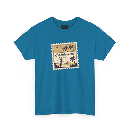 On the front of this custom vintage short sleeve shirt is a California postage stamp with images of the golden gate bridge, palm trees and the ocean on it, the entire stamp is different shades of beige.