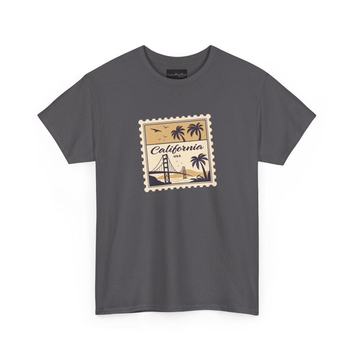 On the front of this custom vintage short sleeve shirt is a California postage stamp with images of the golden gate bridge, palm trees and the ocean on it, the entire stamp is different shades of beige.