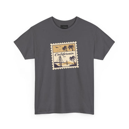 On the front of this custom vintage short sleeve shirt is a California postage stamp with images of the golden gate bridge, palm trees and the ocean on it, the entire stamp is different shades of beige.