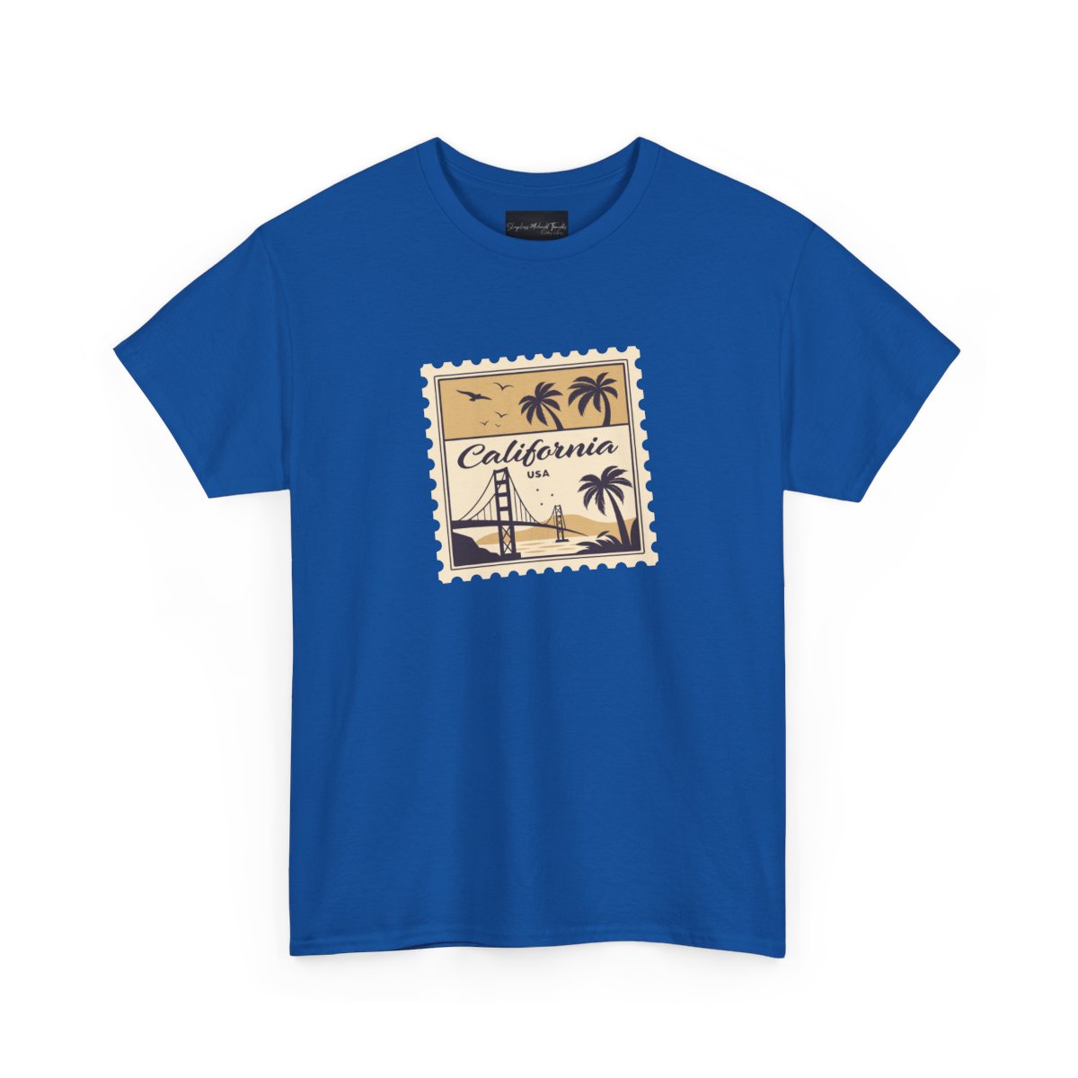 On the front of this custom vintage short sleeve shirt is a California postage stamp with images of the golden gate bridge, palm trees and the ocean on it, the entire stamp is different shades of beige.