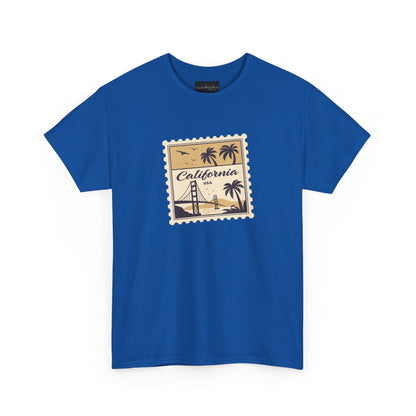 On the front of this custom vintage short sleeve shirt is a California postage stamp with images of the golden gate bridge, palm trees and the ocean on it, the entire stamp is different shades of beige.
