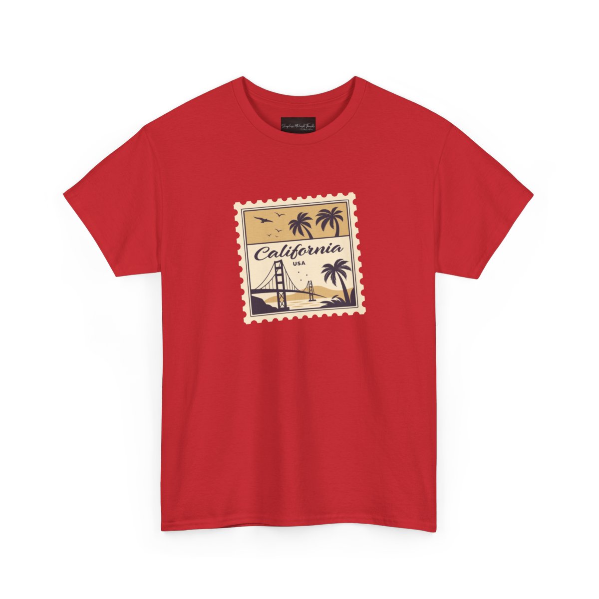 On the front of this custom vintage short sleeve shirt is a California postage stamp with images of the golden gate bridge, palm trees and the ocean on it, the entire stamp is different shades of beige.