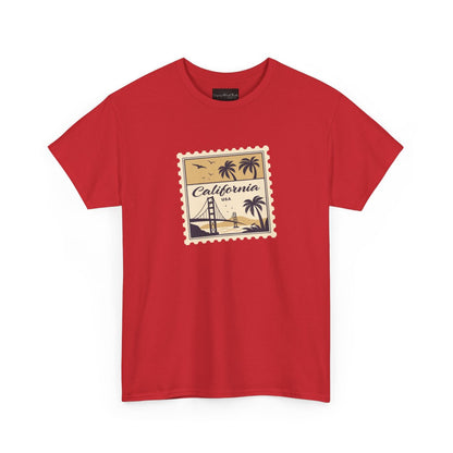 On the front of this custom vintage short sleeve shirt is a California postage stamp with images of the golden gate bridge, palm trees and the ocean on it, the entire stamp is different shades of beige.