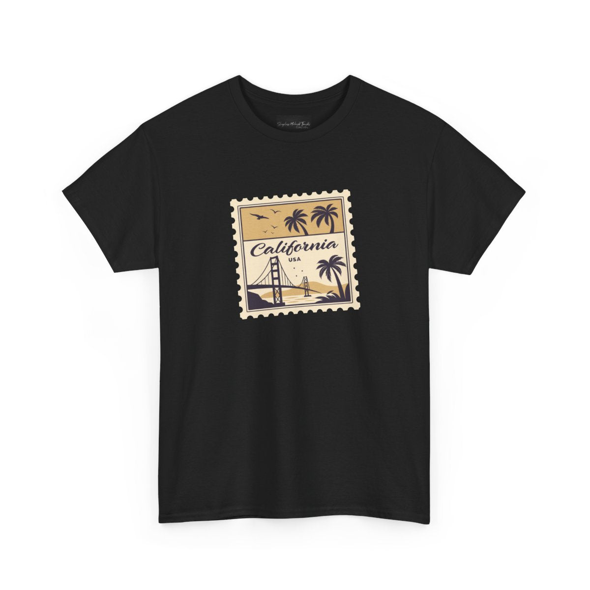 On the front of this custom vintage short sleeve shirt is a California postage stamp with images of the golden gate bridge, palm trees and the ocean on it, the entire stamp is different shades of beige.
