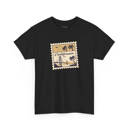 On the front of this custom vintage short sleeve shirt is a California postage stamp with images of the golden gate bridge, palm trees and the ocean on it, the entire stamp is different shades of beige.
