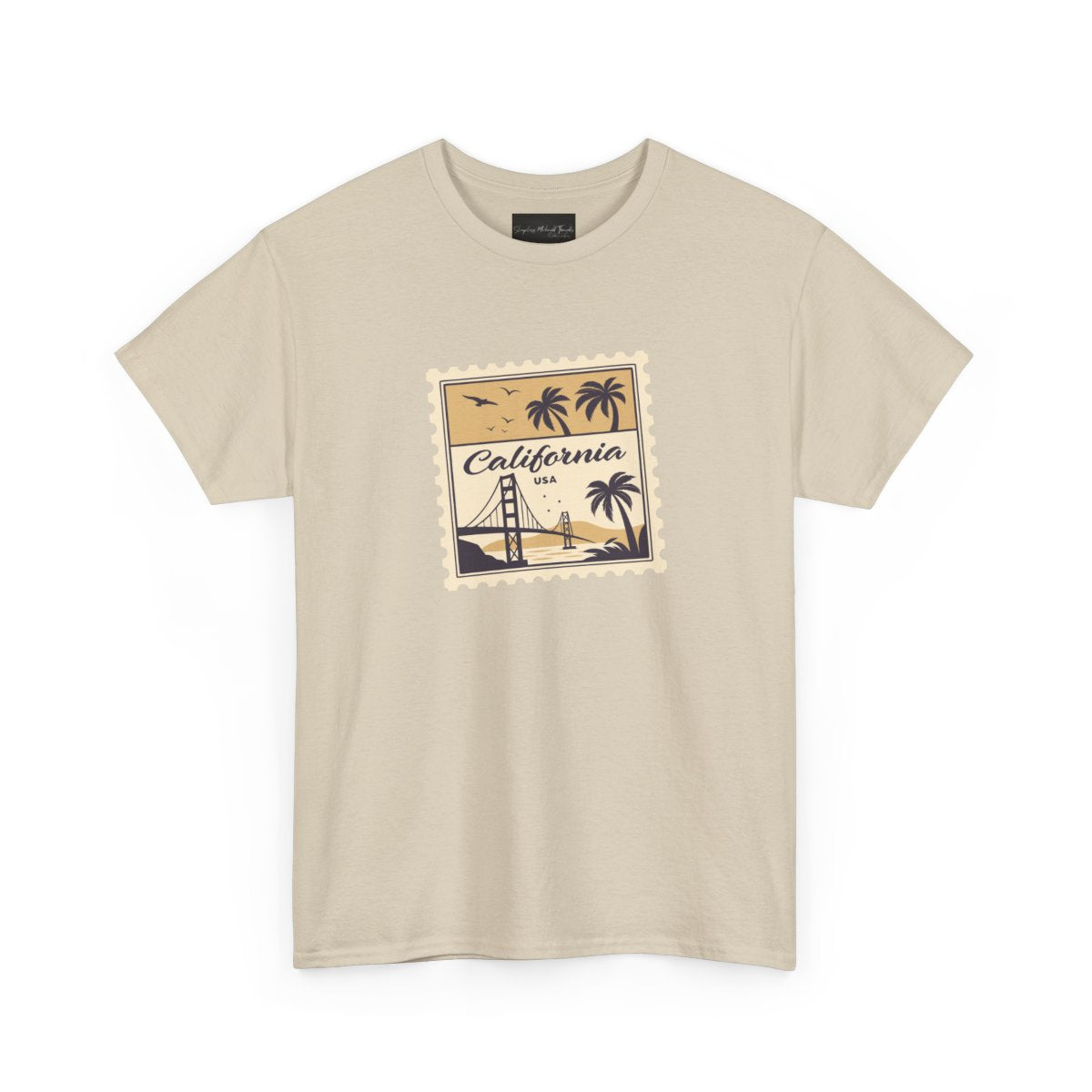 On the front of this custom vintage short sleeve shirt is a California postage stamp with images of the golden gate bridge, palm trees and the ocean on it, the entire stamp is different shades of beige.
