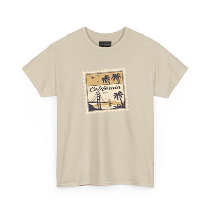 On the front of this custom vintage short sleeve shirt is a California postage stamp with images of the golden gate bridge, palm trees and the ocean on it, the entire stamp is different shades of beige.