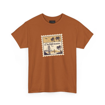 On the front of this custom vintage short sleeve shirt is a California postage stamp with images of the golden gate bridge, palm trees and the ocean on it, the entire stamp is different shades of beige.
