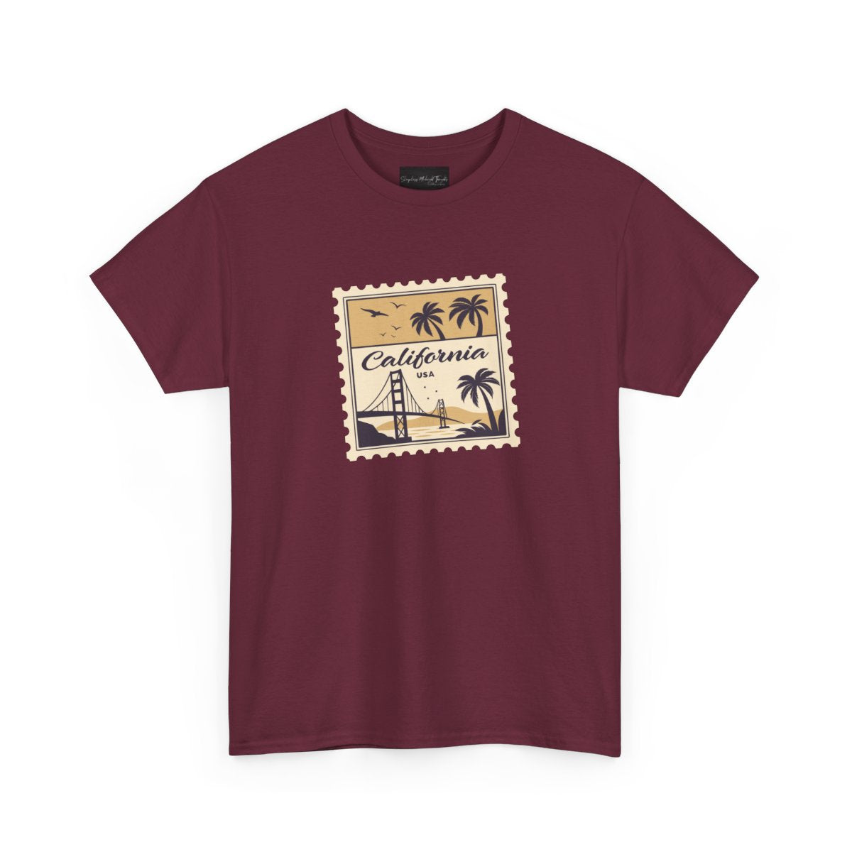 On the front of this custom vintage short sleeve shirt is a California postage stamp with images of the golden gate bridge, palm trees and the ocean on it, the entire stamp is different shades of beige.