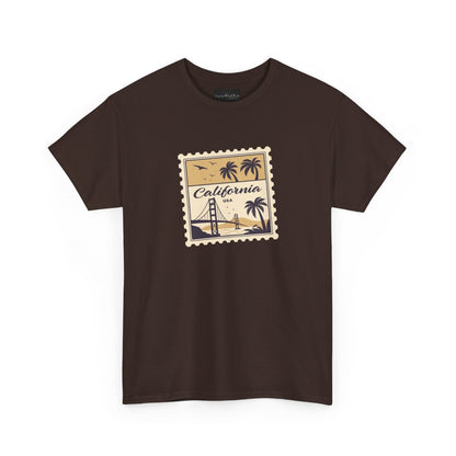 On the front of this custom vintage short sleeve shirt is a California postage stamp with images of the golden gate bridge, palm trees and the ocean on it, the entire stamp is different shades of beige.