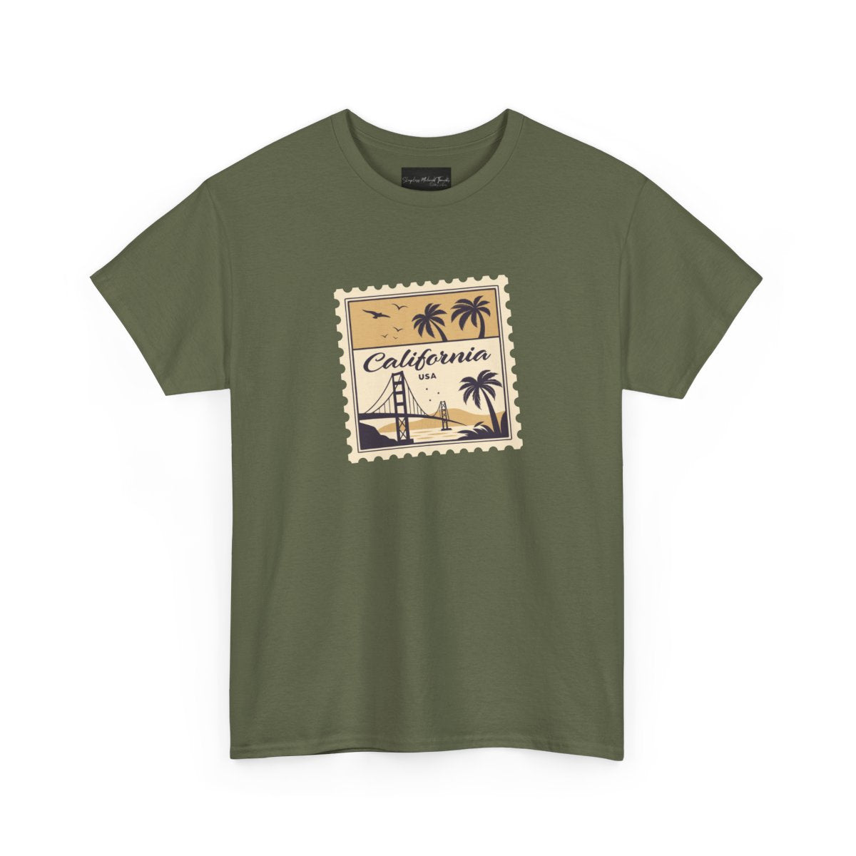 On the front of this custom vintage short sleeve shirt is a California postage stamp with images of the golden gate bridge, palm trees and the ocean on it, the entire stamp is different shades of beige.