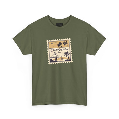 On the front of this custom vintage short sleeve shirt is a California postage stamp with images of the golden gate bridge, palm trees and the ocean on it, the entire stamp is different shades of beige.