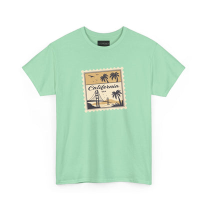 On the front of this custom vintage short sleeve shirt is a California postage stamp with images of the golden gate bridge, palm trees and the ocean on it, the entire stamp is different shades of beige.