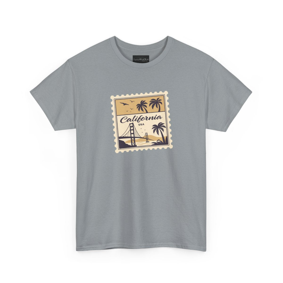 On the front of this custom vintage short sleeve shirt is a California postage stamp with images of the golden gate bridge, palm trees and the ocean on it, the entire stamp is different shades of beige.