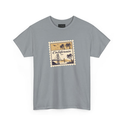 On the front of this custom vintage short sleeve shirt is a California postage stamp with images of the golden gate bridge, palm trees and the ocean on it, the entire stamp is different shades of beige.