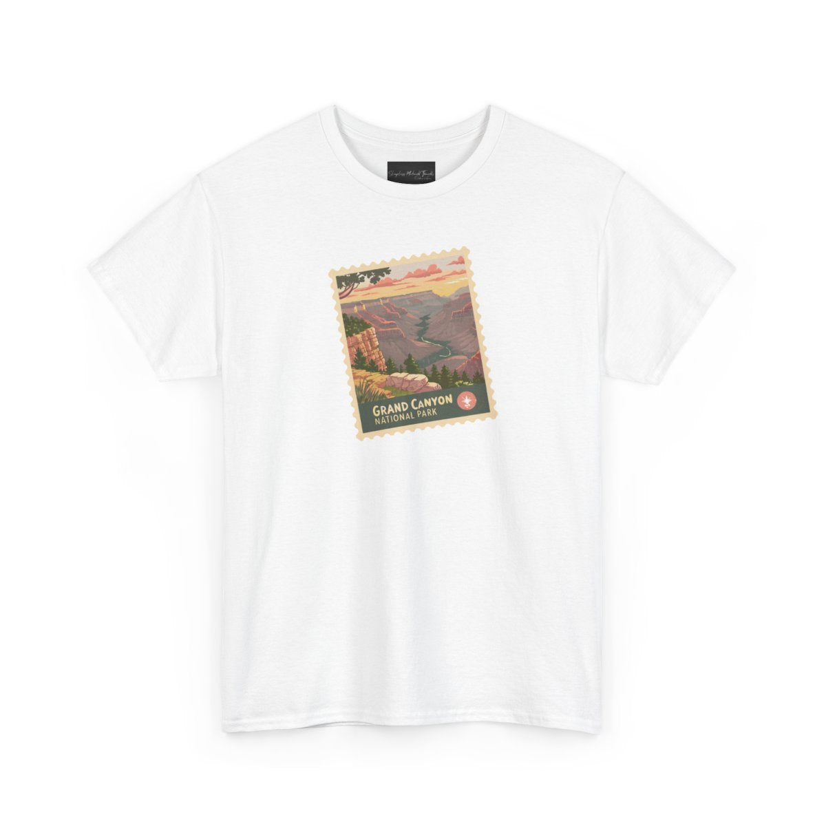 On the front of this custom short sleeve shirt is an image of a postage stamp with the Grand Canyon National Park on it.