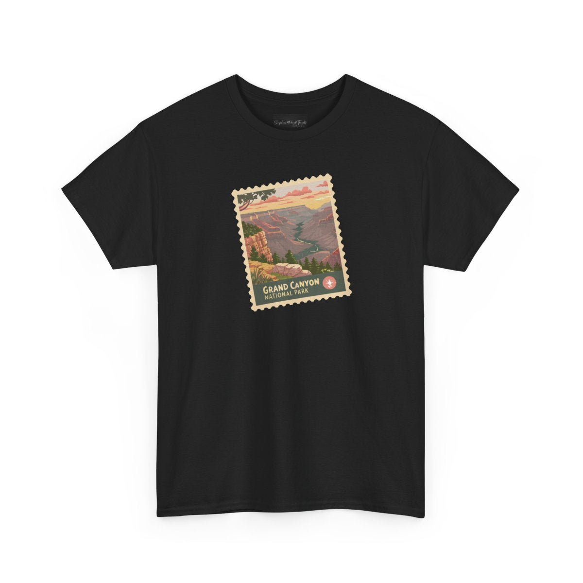 On the front of this custom short sleeve shirt is an image of a postage stamp with the Grand Canyon National Park on it.