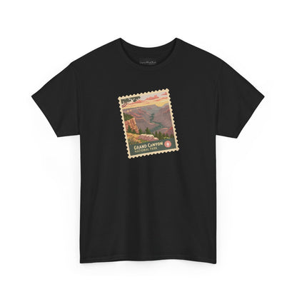 On the front of this custom short sleeve shirt is an image of a postage stamp with the Grand Canyon National Park on it.