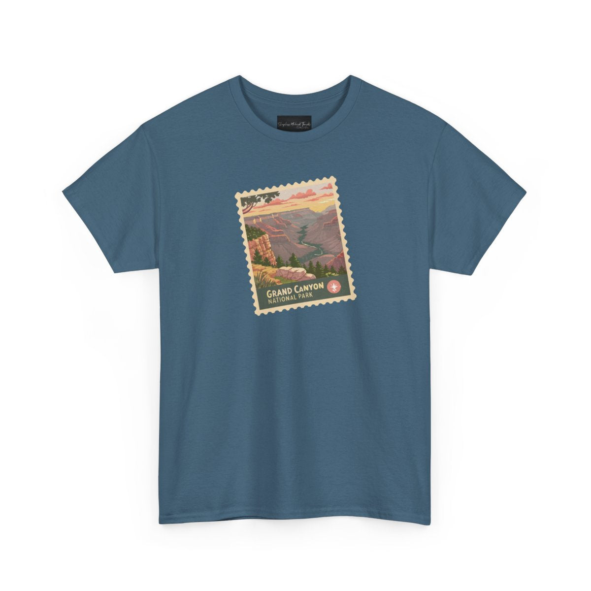 On the front of this custom short sleeve shirt is an image of a postage stamp with the Grand Canyon National Park on it.