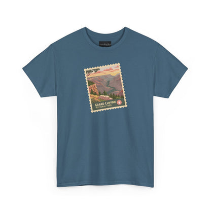 On the front of this custom short sleeve shirt is an image of a postage stamp with the Grand Canyon National Park on it.