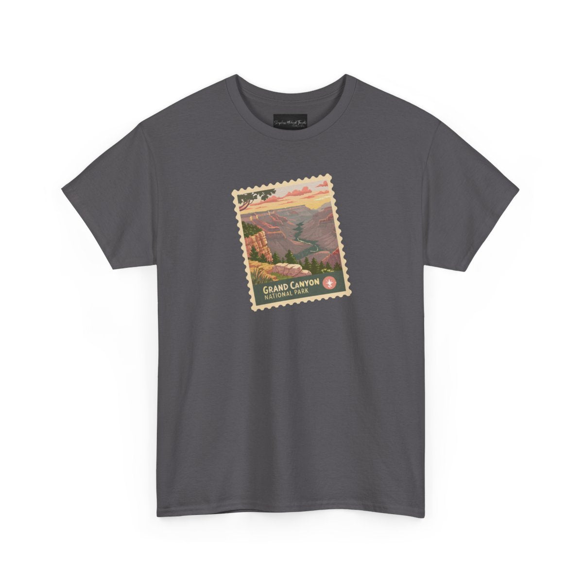 On the front of this custom short sleeve shirt is an image of a postage stamp with the Grand Canyon National Park on it.